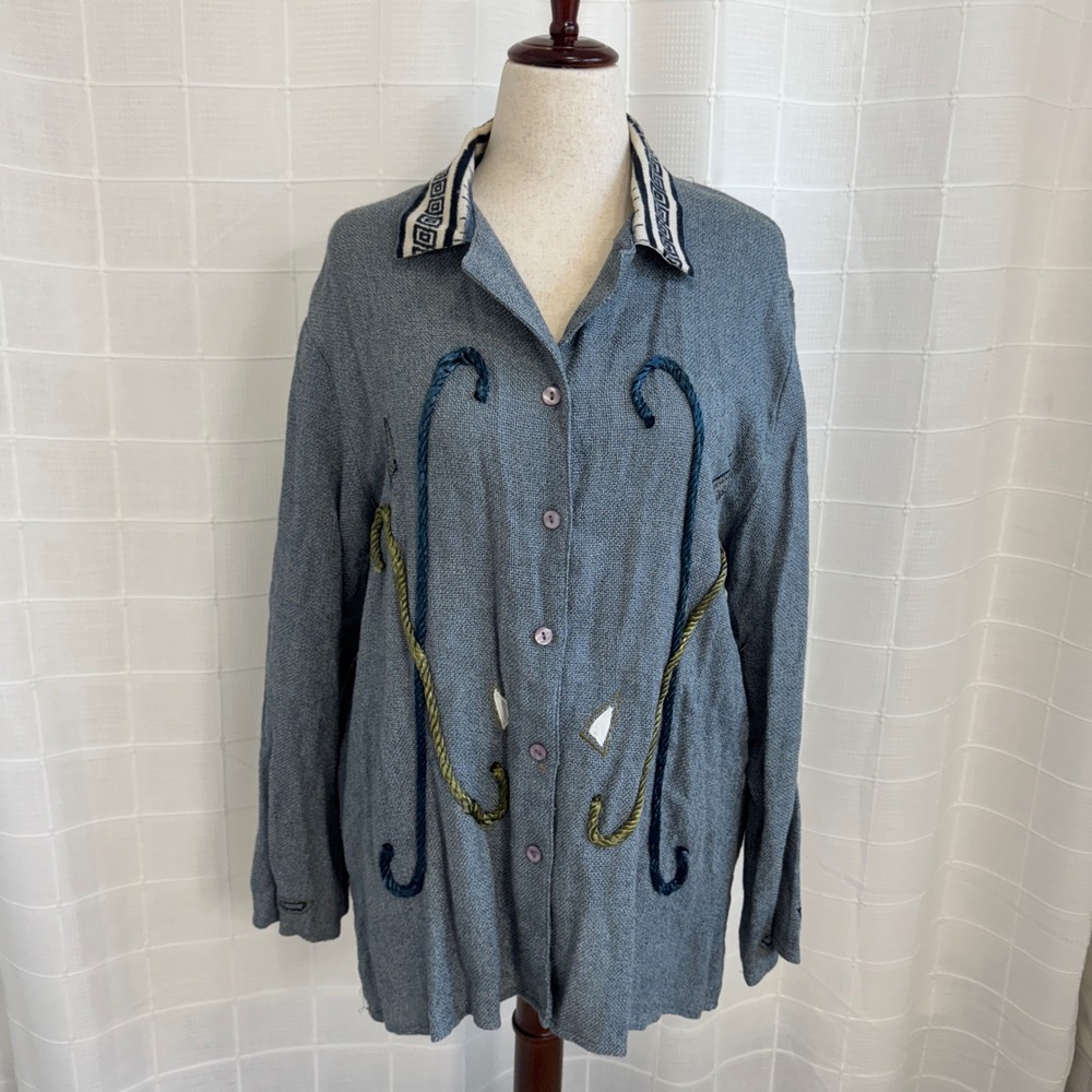 Vintage L'Affaire Hand Made Button Down Textile Shirt with Embroidered Detailing